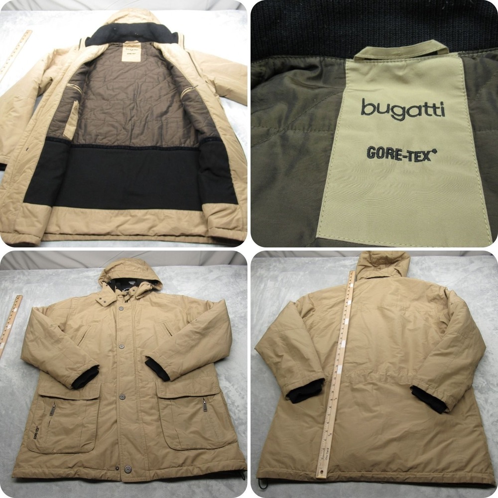 Bugatti GoreTex Jacket Mens Large Beige Pockets Hooded Waterproof Full Zip Parka